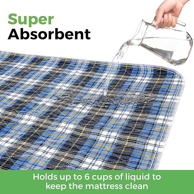 Bed Pads Washable Waterproof, Incontinence Bed Pads for Women and Men, Reusable Mattress Protector Underpads, Non-Slip, 36" x 34", Blue Plaid, 2 Pack