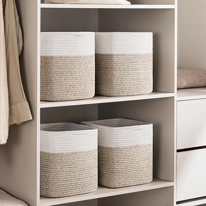 joybest 11inch Cube Storage Bins Set of 4, Cotton Rope Woven Organizer Basket for Shelves, Cube Bin Square Shelves Organizer Closet Storage, Nursery, Toy Organization, Brown&White