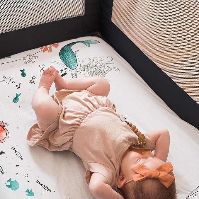 JumpOff Jo - Fitted Mini Crib Sheet for Portable Crib, Playard, and Playpen Mattresses and Mats, Super Soft 100% Cotton, 24 in. x 38 in. - Moonlight Mermaid