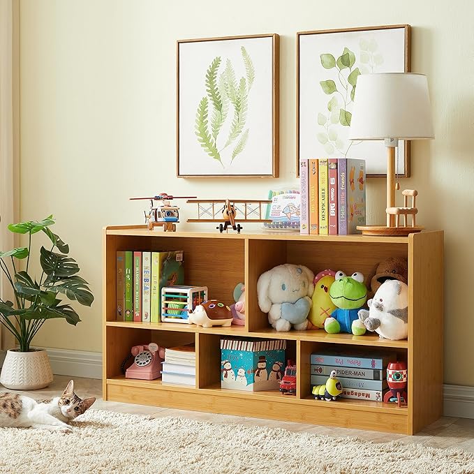 Onirw Kids Toy Storage Organizer, 5-Section Storage Cabinet for Organizing Books Toys, Wooden Bookshelf Daycare Furniture for School, Classroom Playroom, Nursery, Kindergarten (Natural)