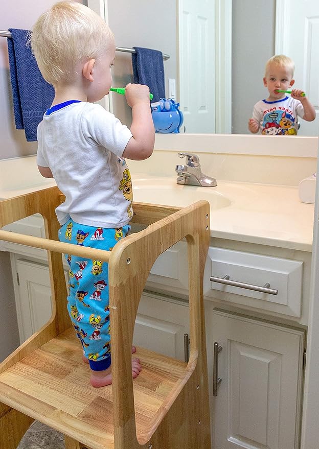 KATANABANA Kids Kitchen Step Stool Helper Made from Hardwood - Montessori Standing Tower for Learning (Natural)