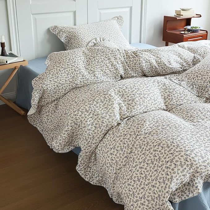 BuLuTu Chic Shabby Floral Girls Boys Duvet Cover Twin Size, Blue Flower Print Kids Duvet Cotton Muslin Soft Breathable Ruffled Quilt Cover Children Bedding, Zipper Closure