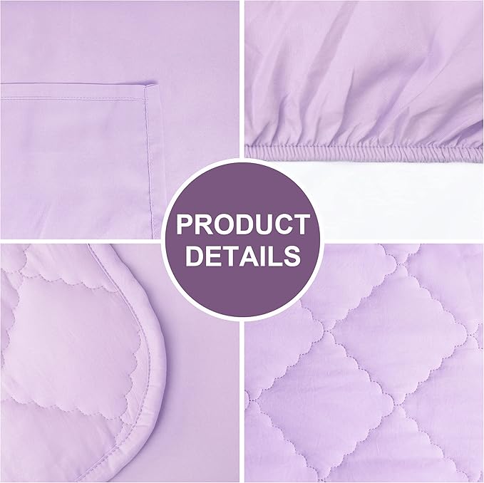 FLXXIE 4 Pieces Toddler Bedding Set, Soft and Breathable Microfiber Crib Sheet Set, Includes Quilted Comforter, Flat Top Sheet, Fitted Sheet, Envelope Pillow Case for Boys and Girls, Light Purple