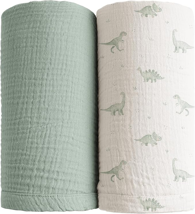 Konssy Muslin Swaddle Blankets for Boys Girls, 2 Pack Receiving Baby Blanket Large 47 x 47 inches, Soft Breathable Swaddling Wrap for Unisex Newborn (Green,Green Dino)