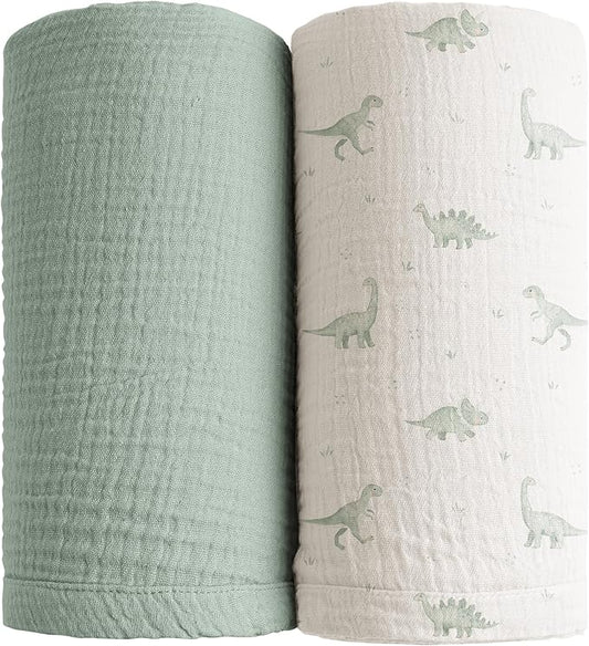 Konssy Muslin Swaddle Blankets for Boys Girls, 2 Pack Receiving Baby Blanket Large 47 x 47 inches, Soft Breathable Swaddling Wrap for Unisex Newborn (Green,Green Dino)