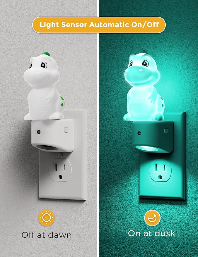 L LOHAS LED Night Light for Kids, 3D Dinosaur Night Light Plug in, Dusk to Dawn Nursery Night Lights, RGB+Soft White 3000K, 3 Lighting Modes, Room Decor, Children