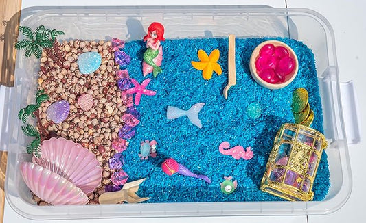Mermaid Sensory Bin Kit for Kids – Blue Rice, Pinto Beans, Mermaids, Gems, Shells & Treasure Chest – Ocean-Themed Sensory Play with Storage Bin