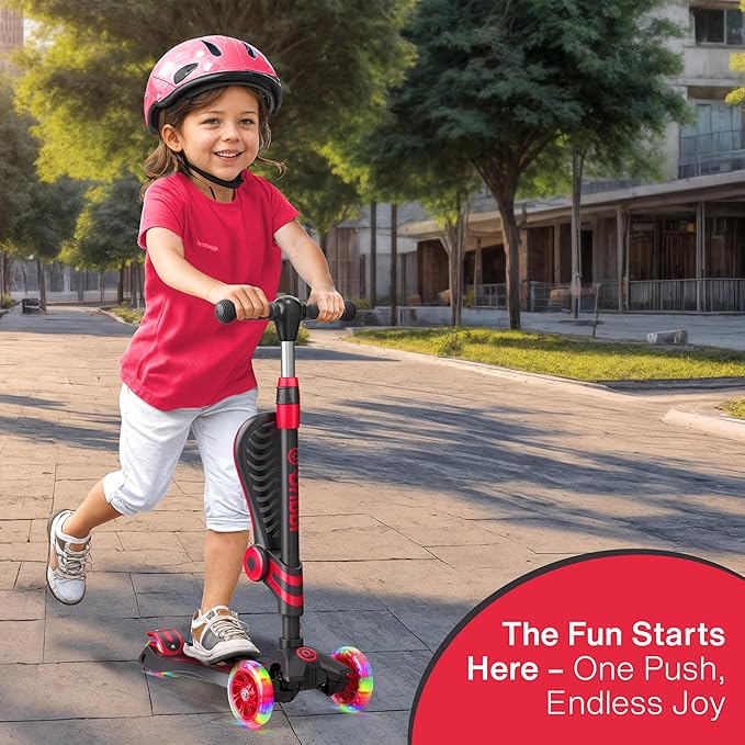 Black and Red 3 Wheel Scooter with Seat for Kids, Light-Up Wheels, Adjustable Lean to Steer Handlebar and Seat, Smooth Wheels, Wide No-Slip Deck, Rear Foot Brake, Toddler Outdoor Toys for Ages 2+