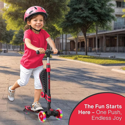 Black and Red 3 Wheel Scooter with Seat for Kids, Light-Up Wheels, Adjustable Lean to Steer Handlebar and Seat, Smooth Wheels, Wide No-Slip Deck, Rear Foot Brake, Toddler Outdoor Toys for Ages 2+