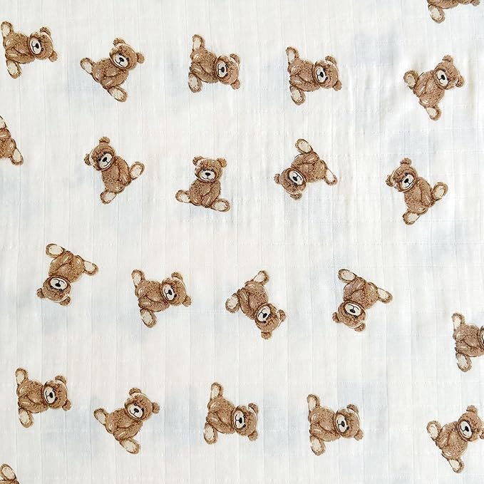 Ali+Oli Muslin Swaddle Blanket for Baby (Teddy Bear) Large 47" x 47" Soft Rayon Made from Bamboo & Organic Cotton, Machine Washable Receiving Blanket Wrap for Newborn to Toddler