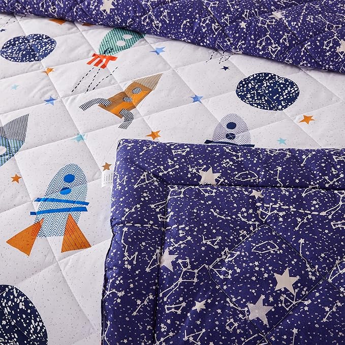 Brandream Kids Space Bedding Set Boy Girl Cotton Comforter Set Space Rocket Galaxy Bedroom 3-Piece Full Size