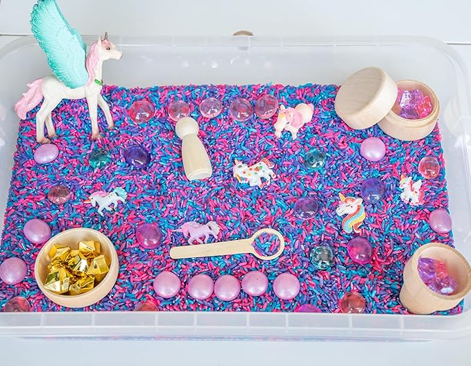 Unicorn Sensory Bin Kit for Kids – Pink, Purple & Blue Rice, Unicorn Figurines & Charms, Crystals & Wooden Tools – Includes Clear Storage Bin