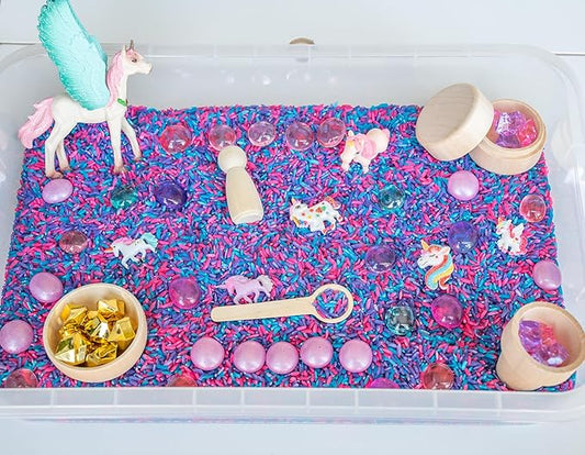 Unicorn Sensory Bin Kit for Kids – Pink, Purple & Blue Rice, Unicorn Figurines & Charms, Crystals & Wooden Tools – Includes Clear Storage Bin