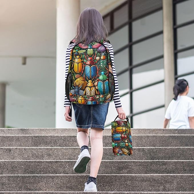 Jucciaco Insect Bugs Beetles Colorful Backpack with Lunch Bag for Boys Girls, Travel School Backpack Set