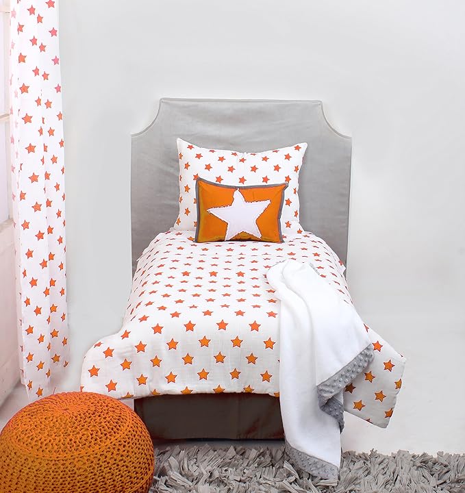 Bacati - Muslin Ikat Stars 4 Piece Neutral Toddler Bedding Set 100 Percent Cotton Includes Reversible Comforter, Fitted Sheet, Top Sheet, and Pillow Case (4 pc Toddler Bedding Set, Orange Stars)