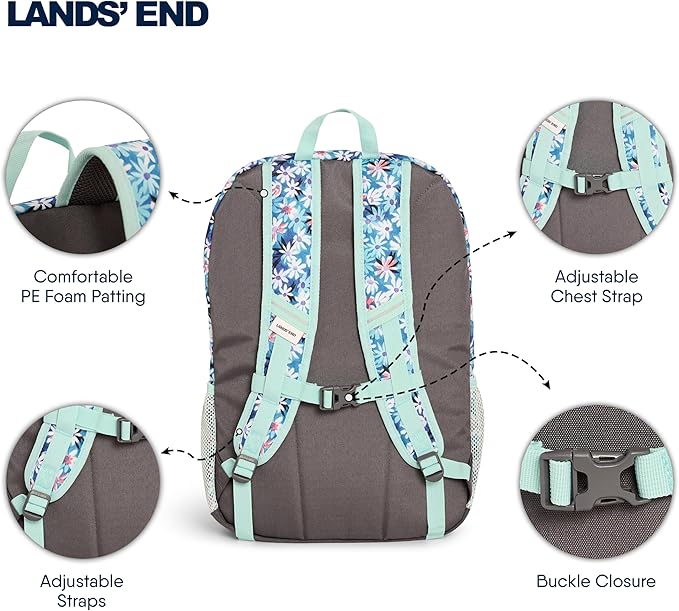 Lands' End Unisex Kids Large ClassMate Lightweight Durable Elementary School Backpack, Peacock