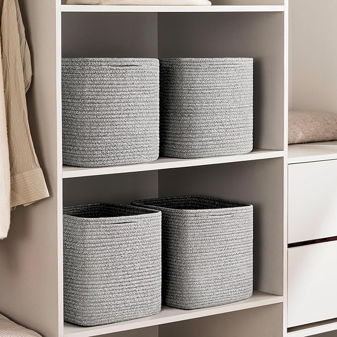 joybest 11inch Cube Storage Bins Set of 4, Cotton Rope Woven Organizer Basket for Shelves, Cube Bin Square Shelves Organizer Closet Storage, Nursery, Toy Organization, Gray