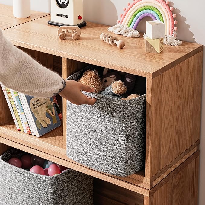 joybest 11inch Cube Storage Bins Set of 4, Cotton Rope Woven Organizer Basket for Shelves, Cube Bin Square Shelves Organizer Closet Storage, Nursery, Toy Organization, Gray