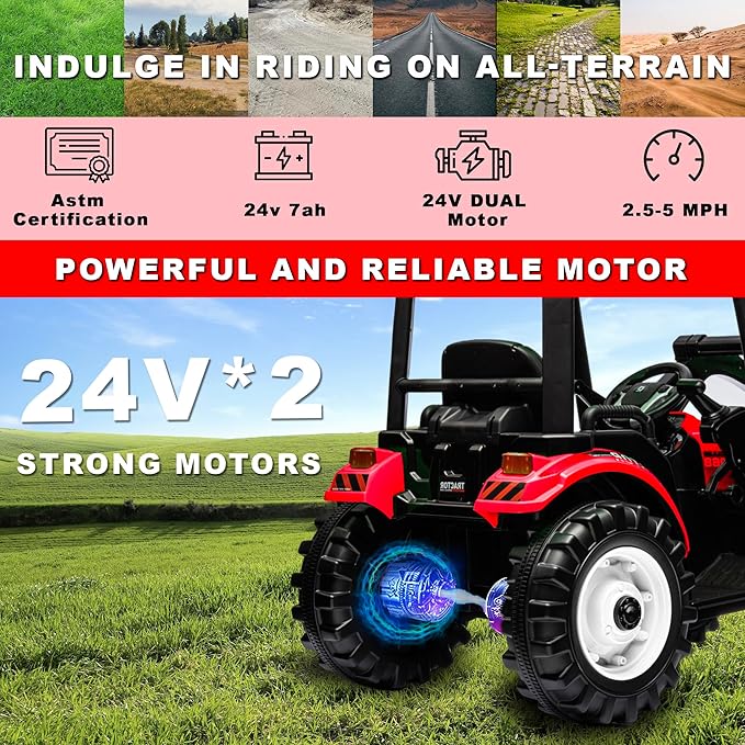 24V Kids Ride On Tractor w/Remote Control, 3IN1 Riding Tractor w/Trailer&Front Loader, Power Wheels 24V Ride on Toys for Boys Girls, Kids Ride on Excavator Toy (Red Tractor with Trailer&Front Loader)