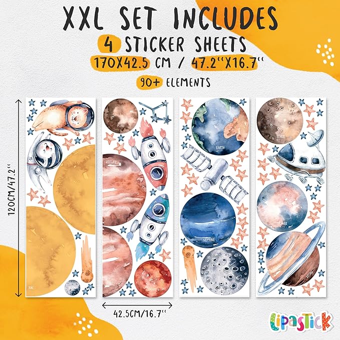 Solar System Wall Decals for Kids - Planets and Space Themed Wall Stickers by Lipastick - Peel and Stick Vinyl Decals for Boys and Girls Bedroom, Nursery, Playroom, Daycare - XXL Size