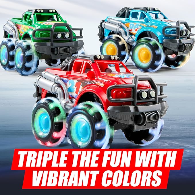 3Pack Monster Truck Toy - Toy Truck with Flashing LED Wheels - Light-Up Cars for Toddlers - Christmas Birthday Gift for Boys Girls - Friction-Powered
