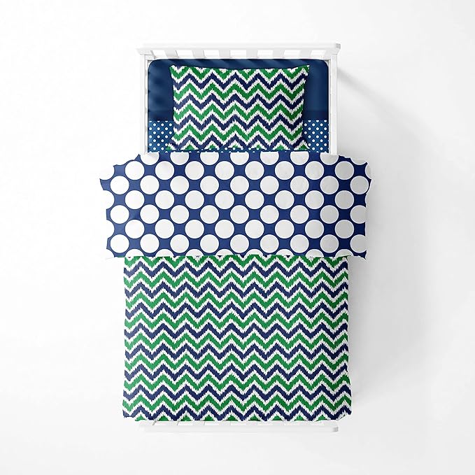 Bacati - Mix N Match 4 Pc Toddler Bedding Set 100 Percent Cotton Includes Reversible Comforter, Fitted Sheet, Top Sheet, and Pillow Case for Boys (Navy/Green)