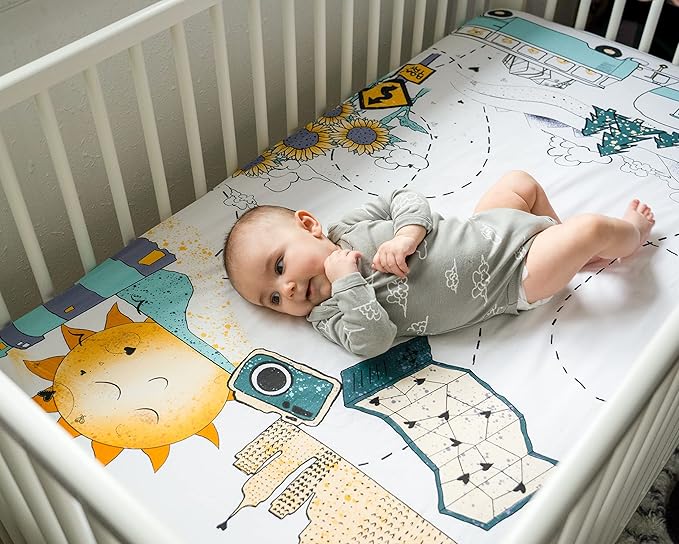 JumpOff Jo - Fitted Crib Sheet, Super Soft Breathable 100% Cotton Baby Crib Sheet for Standard Crib Mattresses and Toddler Beds, 28 in. x 52 in. - Road Trip