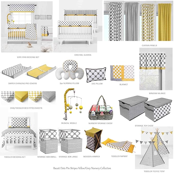 Bacati - Dots/pin Stripes Neutral Grey/Yellow 4 Pc Toddler Bedding Set 100 Percent Cotton Includes Reversible Comforter, Fitted Sheet, Top Sheet, and Pillow Case for Boys/Girls