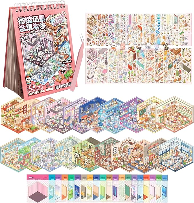20 Sets 3D Sticker Therapy Scene Material Book,DIY 3D House Stickers Set for Adults,Rich Collection of 3D Space Stickers and Storage Spiral Notebook,Room Stickeer Book for Adults Kids