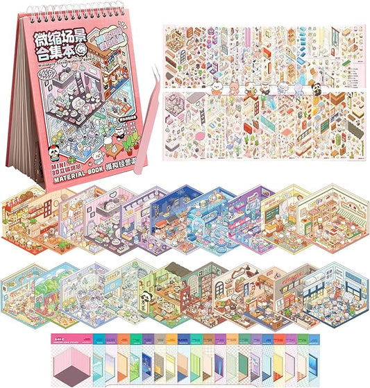 20 Sets 3D Sticker Therapy Scene Material Book,DIY 3D House Stickers Set for Adults,Rich Collection of 3D Space Stickers and Storage Spiral Notebook,Room Stickeer Book for Adults Kids