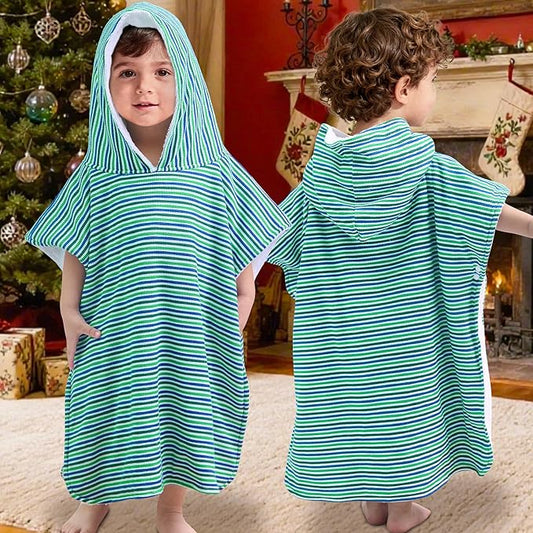 VOOVA & MOVAS Double-Layered Baby Hooded Towel Poncho (2-4 Years, 20x21 Inches) | Ultra Soft & Absorbent Cotton | Thick Toddler Bath Towel for Swimming, Beach, Shower & Winter, Green Stripe