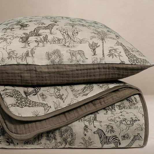 Oilo 100% Organic Premium Cotton Muslin Crib Quilt & Sham Set, (45" x 60") Print and Solid Sides, Extra-Soft & Lightweight, Fits Toddler Beds, Heirloom Organic Collection, Vintage Safari