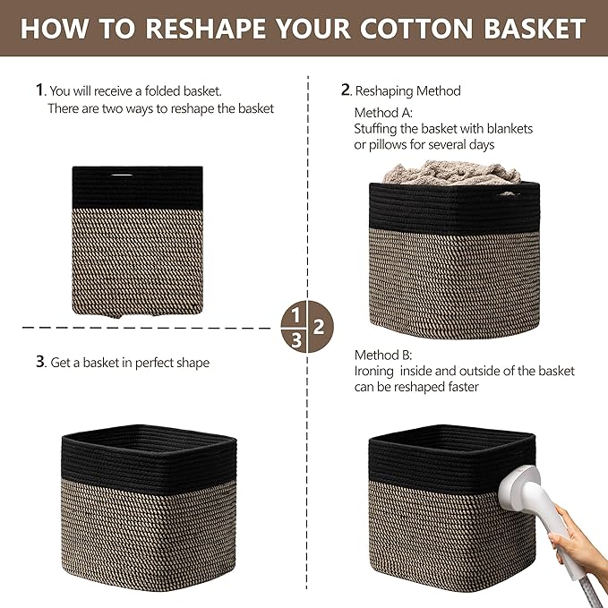 joybest 13x13x13inch Cube Storage Bins Set of 4, Cotton Rope Woven Organizer Basket for Shelves, Cube Bin Square Shelves Organizer Closet Storage, Nursery, Toy Organization, Black&Dark Brown