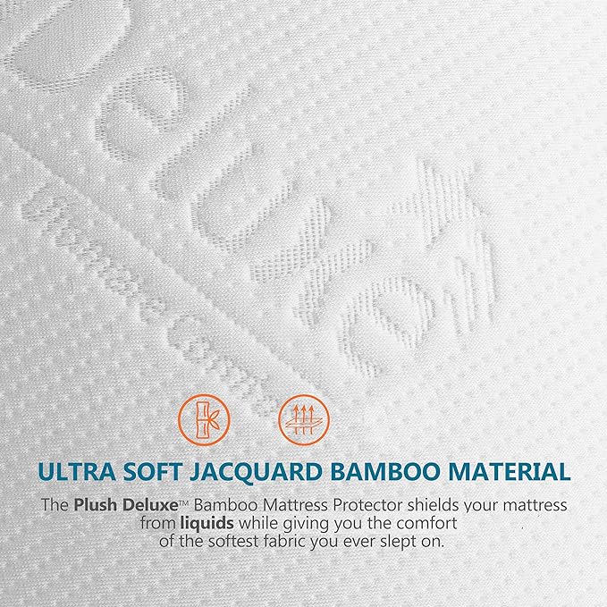 PlushDeluxe Premium Bamboo Mattress Protector – Queen Size, Waterproof, & Ultra Soft Breathable Noiseless Washable Bed Mattress Cover for Comfort & Protection - White