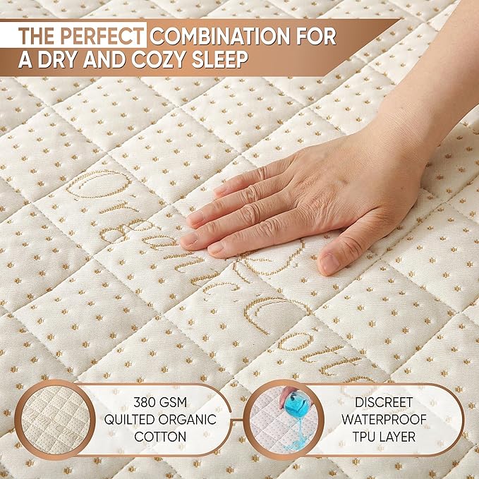 Luxury Quilted Organic Cotton Mattress Protector Full - 380 GSM Waterproof & Breathable Pad - Deep Pocket Fitted Cover - Soft & Silent Protection