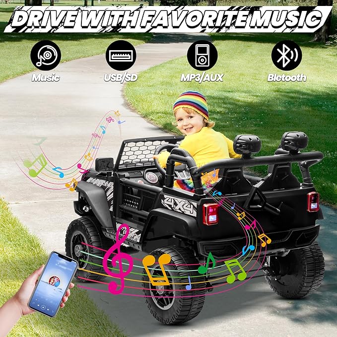 24V Ride On Toys for Big Kids, MOEYURO 2 Seater Ride on Cars with 4WD/2WD Switchable, 20'' Wide Seat, Ride on Truck w/Remote Control, 4-Wheeler Suspension, Power Car Wheelers for Kid Boys Girls, Black