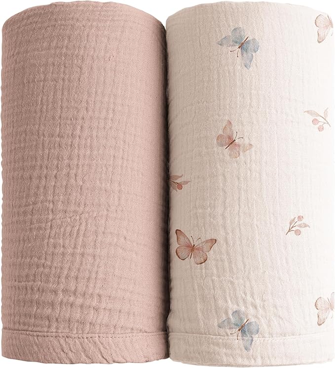 Konssy Muslin Swaddle Blankets for Boys Girls, 2 Pack Receiving Baby Blanket Large 47 x 47 inches, Soft Breathable Swaddling Wrap for Unisex Newborn (Taupe,Butterfly Dreams)