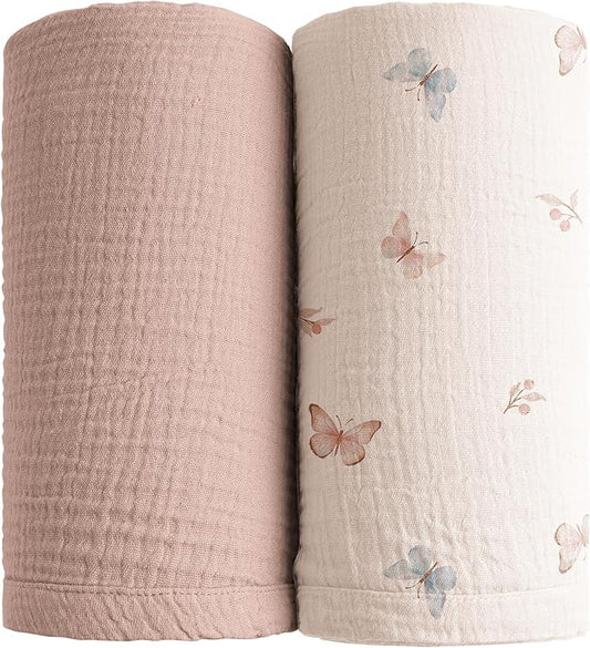Konssy Muslin Swaddle Blankets for Boys Girls, 2 Pack Receiving Baby Blanket Large 47 x 47 inches, Soft Breathable Swaddling Wrap for Unisex Newborn (Taupe,Butterfly Dreams)
