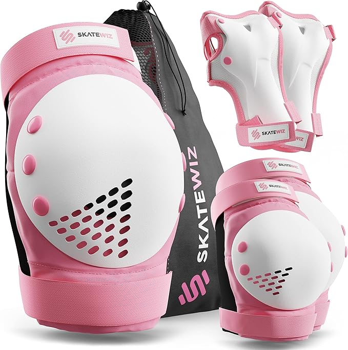 SKATEWIZ Skateboard Pads Protective Gear Set for Kids and Adults - Smash - Roller Skate Pads [6pc] with Wrist Guards - Skating Protective Gear - Roller Derby