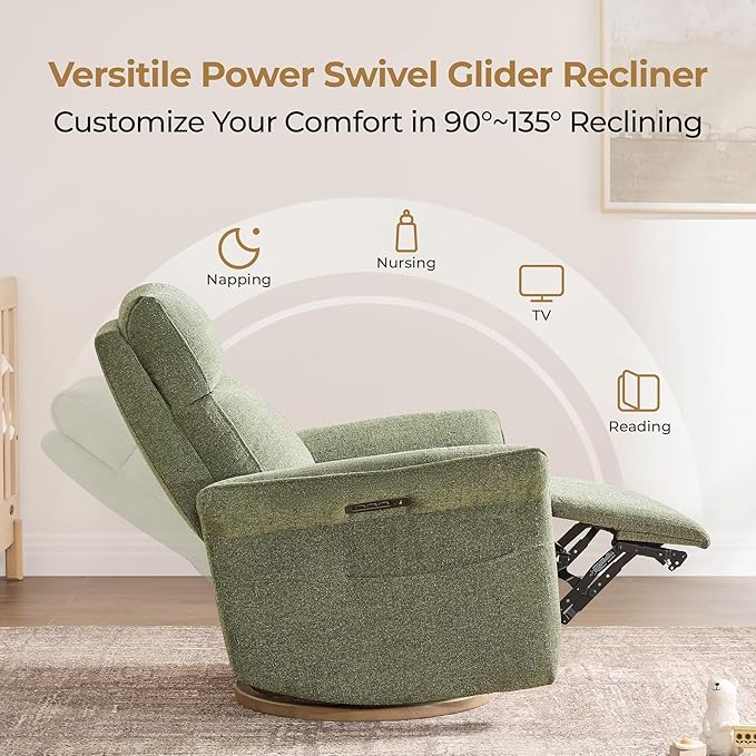 CHITA Power Recliner Chair, Electric Triple-Motor Swivel Glider Nursery Rocking Chair with Adjustable Power Headrest and Lumbar Support, Solid Wood Base, Forest Green