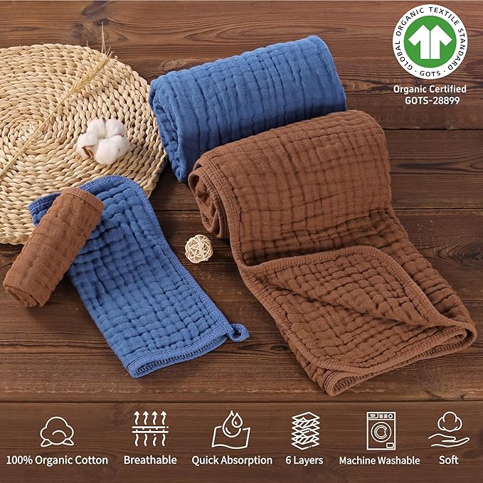 4-Piece Muslin Bath Towel Set - Perfect for New Moms, 32x32 Inch, 6-Layer Ultra-Soft Cotton, Ideal for Infants (Coffee & Blue)
