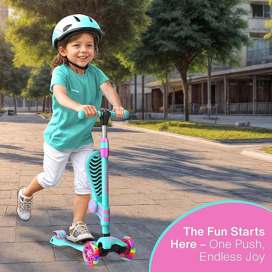 Candy 3 Wheel Scooter with Seat for Kids, Light-Up Wheels, Adjustable Lean to Steer Handlebar and Seat, Smooth Wheels, Wide No-Slip Deck, Rear Foot Brake, Toddler Outdoor Toys for Ages 2+