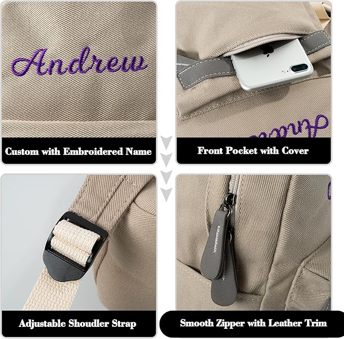 MT WORLD Daycare Backpack - Personalized Canvas Backpack with Name - Classic 15inch Daypack with Back Pocket - Custom Daycare Diapering Bag for Overnight Travel Birthday Gifts (Stone Gray, Large)