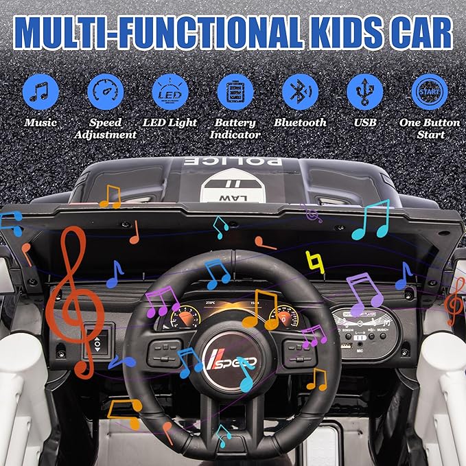 Ride on Police Car, 12V Kids' Electric Vehicles W/Parents Control, Ride on Toys for Toddlers with Music, Four-Wheels Suspension, USB, Headlights, Police Car