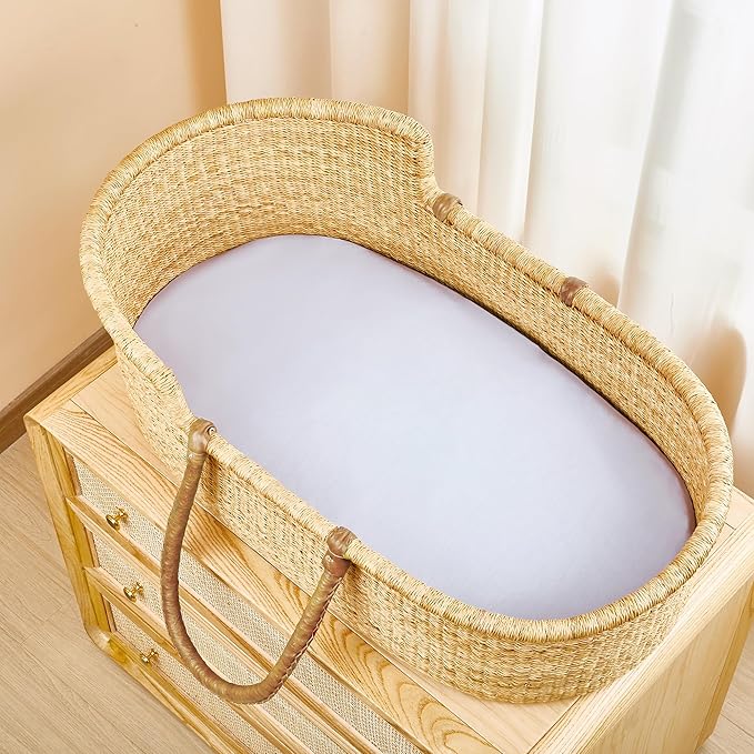 TILLYOU Baby Bassinet Sheets for Girls Boys, Fit for Hourglass Oval Rectangle Bassinet Mattress Sheets, 33”X16”, 2 Pack Brilliant Little Flowers and Purple