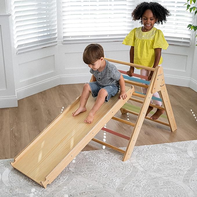Avenlur Hazel 5-in-1 Indoor Climbing Gym - Waldorf and Montessori Climbing Set with Triangle Ladder, Climbing Ramp, Arch Climber, Rocker, and Slide - Montessori Toys for Children 18mo to 7yr (Colored)