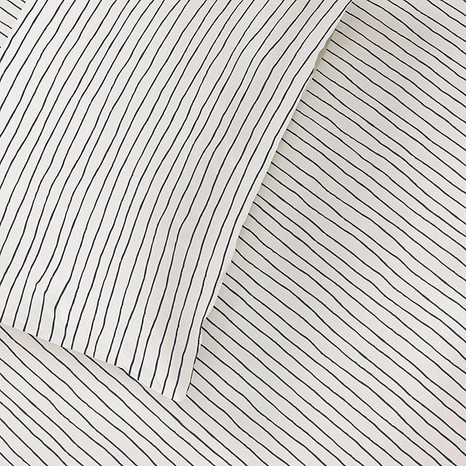 MakeMake Organics Organic Twin Fitted Sheet Set GOTS Certified Organic Cotton Fitted Sheet with 1 Pillowcase Ultra Soft Non Toxic Breathable Hypoallergenic (40"X76", Navy Stripes)