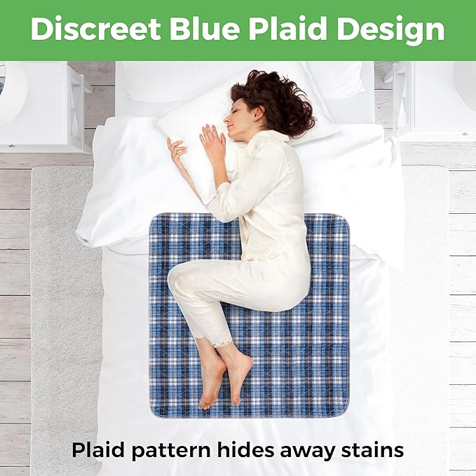 Bed Pads Washable Waterproof, Incontinence Bed Pads for Women and Men, Reusable Mattress Protector Underpads, Non-Slip, 36" x 34", Blue Plaid, 2 Pack