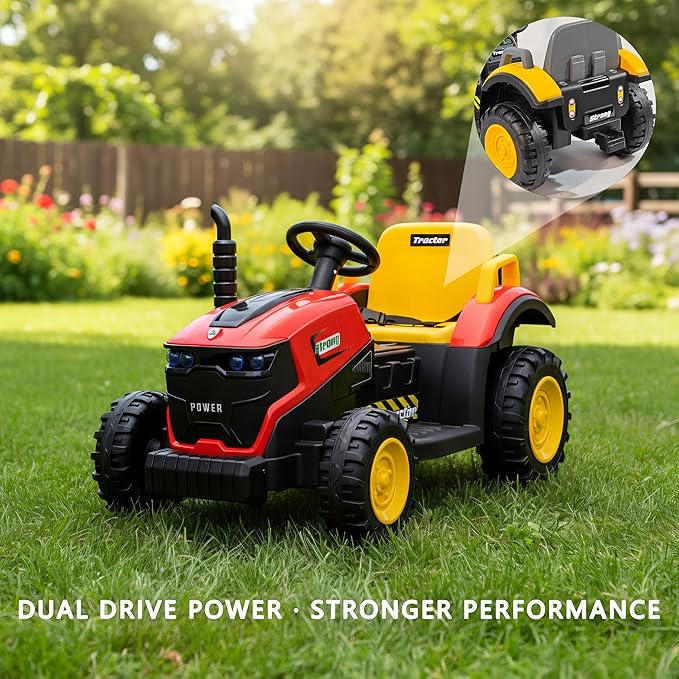 12V Kids Ride On Tractor with Parental Remote, Battery Powered Electric Farm Vehicle with Forward/Reverse, Lights, Music, Bluetooth, Dual Motors, Safe Speed, Outdoor Toy Car for Kids Ages 2-6