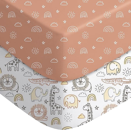 Yoofoss Baby Pack and Play Sheets 2 Pack for Boys and Girls - 38x26 Mini Crib Sheets Fitted Neutral Compatible with Graco Pack n Play Mattress,Ultra Soft Breathable Microfiber Animal World